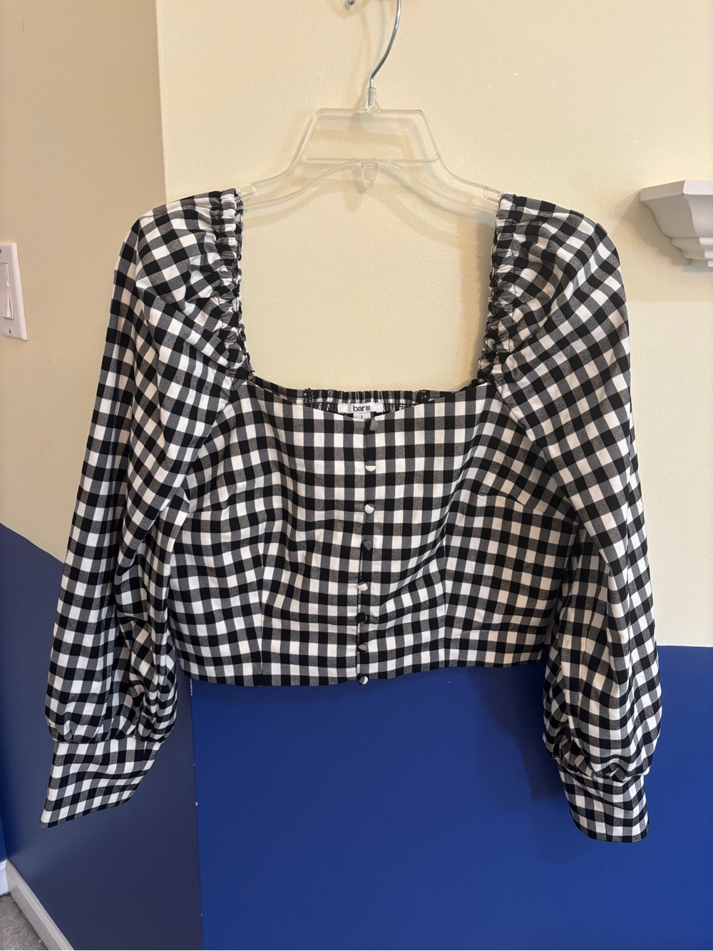 Bar III Black & White Gingham Puff-Sleeve Square Neck Crop Top
